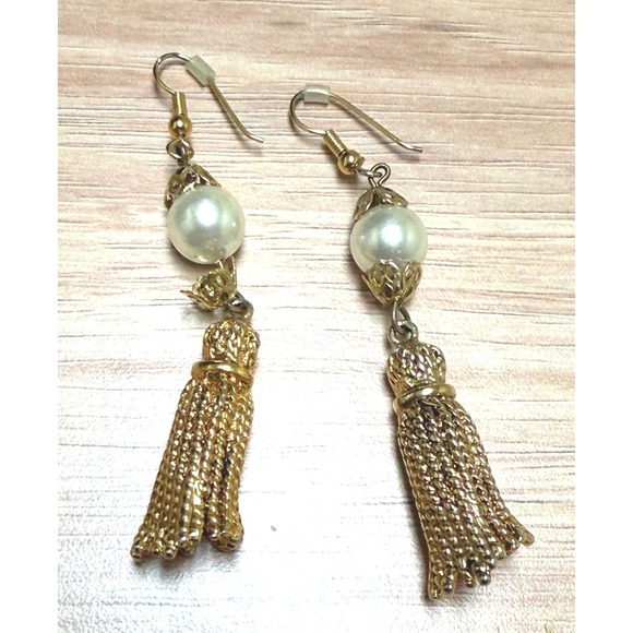 Jewelry - Vintage Gold Tone Faux Pearl Metal Tassel Drop Dangle Earrings Boho Style